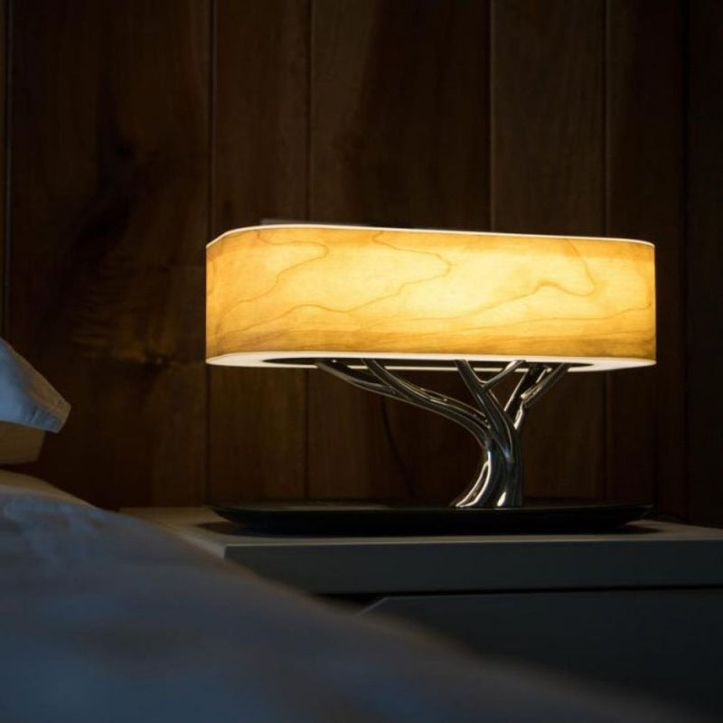 LED cherry wood lamp with wireless charger and built-in bluetooth speaker